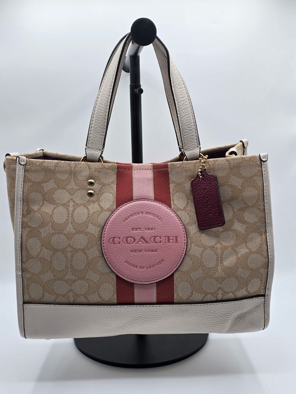 Coach Dempsey Tote 22 Signature Jacquard Khaki Chalk Pink Stripe Crossbody Bag